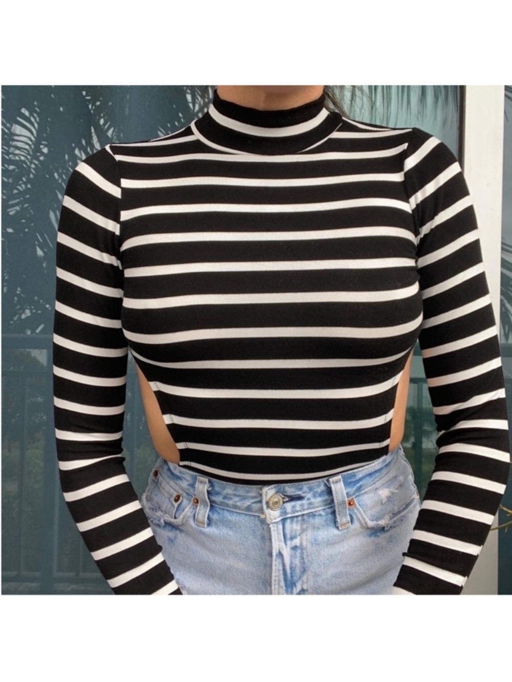 Rehab Black White Tripe Crop Bodysuit M